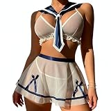 NICEMHAPU Sexy Sailor Schoolgirl Cosplay Lingerie Set - Japanese School Uniform Costume with Bow Mesh Bra, Pleated Skirt & Ruffle Thong, Cute Kawaii Anime Roleplay Outfit for Women