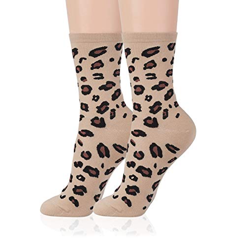 Kikiya Socks Women Patterned Crew Socks | 5 Pairs Leopard Cute Sexy Cheetah Animal Print Camoflouge Novelty Cotton Daily Socks, Womens Ladies & Girls Gift Casual Korean Socks | Leopard Patterned A #TOP2