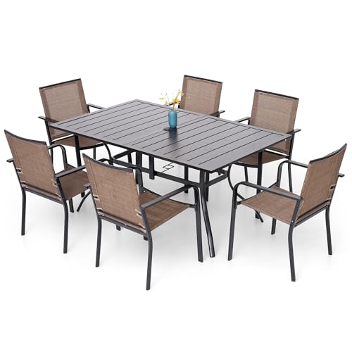 Black Outdoor Dining Table for 6: Stylish, Durable Patio Sets for Your Backyard 8 Anmutig 7-Piece Outdoor Dining Set, Powder Coated Steel Table with 6 Stackable Chairs, Black and Brown, 63 x 38 Inch Table
