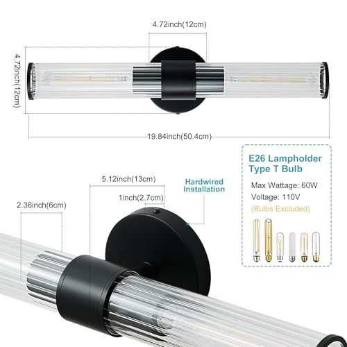 Image of Bathroom Light Fixtures 2 Pack Hardwired, Black Wall Sconce Threaded Glass Vanity Light Featuring Two E26 sockets, Bathroom Wall Light Dimmable - Bulb Not Included, UL Certification