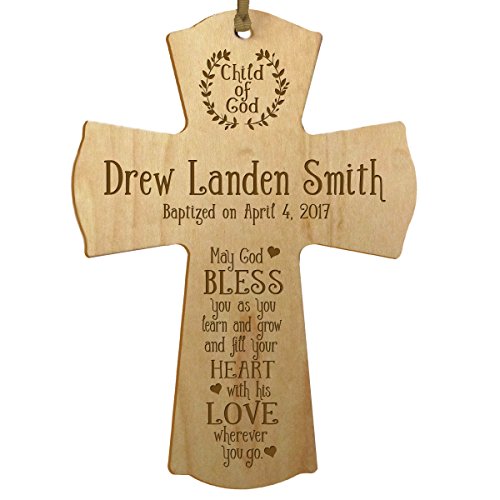 Image of LifeSong Milestones Personalized Baptism 1st Holy Communion Christening Gifts Custom Wall Cross Child of God. May God BLESS you as you learn and grow (Maple) 8.5x11