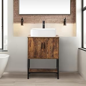 UEV Rustic Brown 24 Bathroom Vanity with SinkIndustrial Iron Frame Bathroom Cabinet Set with Doors Shelfwith Modern Artistic Ceramic Vessel Sink Combo031WH