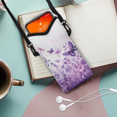 Image of Crossbody Phone Bag for Waterproof Smartphone Protection Bag with Adjustable Strap Women Men for iPhone 15 /14 /13 Pro Max, 15 /14 Plus, Butterfly Dragonfly Purple Flower