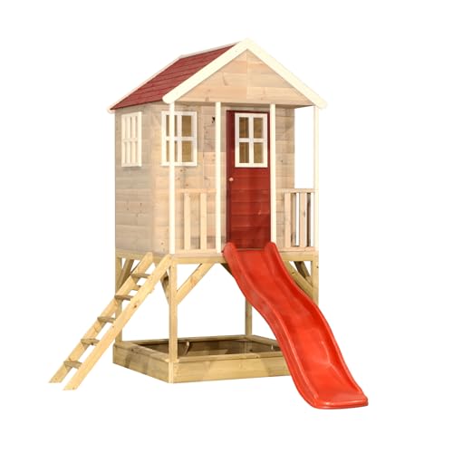 Wendi Toys M8 Spielhaus mit Rutsche, Stelzenhaus aus FSC-Holz für Kinder Garten Outdoor, Podesthöhe 90 cm, 280×197×242 cm, mit 175 cm Rutsche, Leiter, Balkon, Sandkasten, wetterfest, Rot