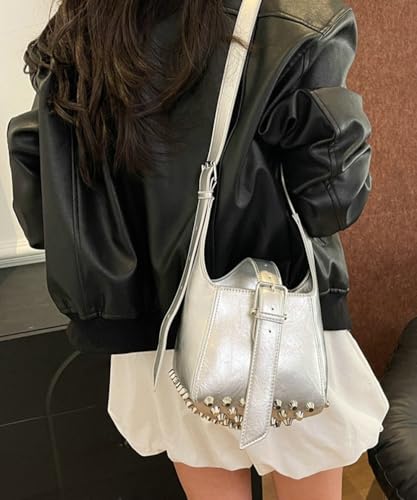 Women Trendy Bucket Shoulder Purse Vegan Leather Y2k Small Tote Crossbody Bag Rivet Handbags Satchels 20252