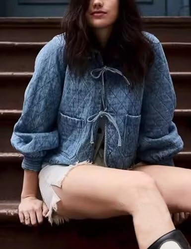 Women's Quilted Lightweight Jackets Long Sleeve Winter Cropped Cotton Padded Coat Jacket Bow Tie Puffy Outwear4