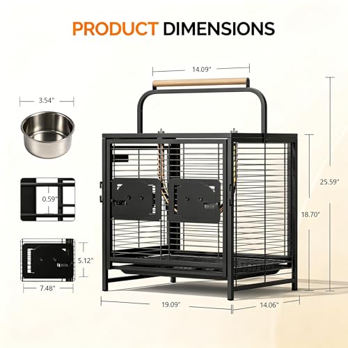 Image of VINGLI Small Bird Cage, 19 inch Travel Carrier Bird Cage with Handle, Wrought Iron Parakeet Cage with Wooden Perch for Parrot Lovebirds Finches Small /Medium Birds (Matte Black)