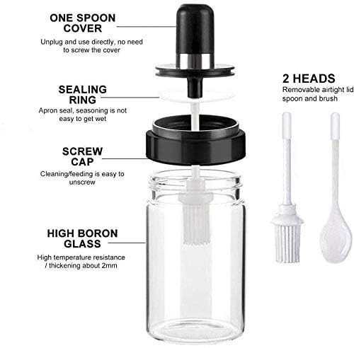 Image of LISHER Borosilicate Glass Spice Jars and Brush Jar with Spoon Setand Olive Oil Bottle with Brush Combo for Kitchen & Restaurants Airtight Cap (Brush+Spoon, Pack of 2, 250ML), Transparent