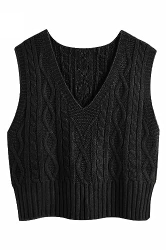 Pullunder Damen Ärmellos V-Ausschnitt Strickweste Pullover Elegant Strickpullover Strickpulli Casual Damen Herbst Winterpullover Sweater Vest Schwarz...