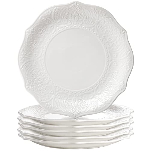 SOUJOY Set of 6 Porcelain Dinner Plate, 10.5” White Dinner Dish, Embossed Printing Dinnerware Plate for Dinner, Restaurant, Family Party and Kitchen, Microwave, Dishwasher Safe