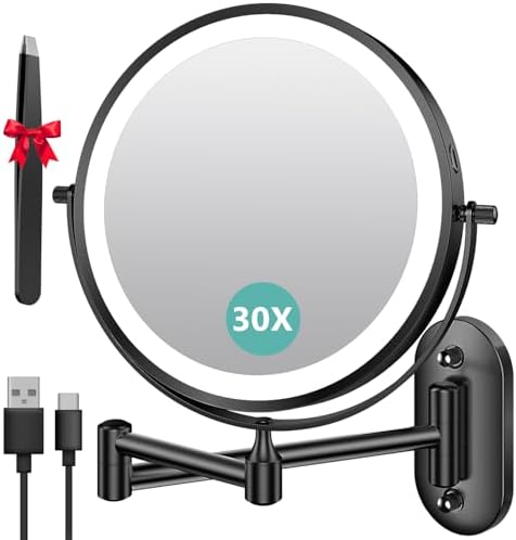 Auxmir Kosmetikspiegel mit Beleuchtung, 1X 30X Rasierspiegel Wandmontage | 3200mAh Akku, Ausziehbarer Schwenkarm, 3 Lichtfarben, Stufenlos Dimmbar und 360° Drehbar für Badezimmer u
