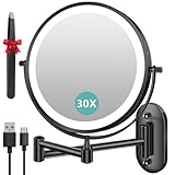 Auxmir Kosmetikspiegel mit Beleuchtung, 1X/30X Wiederaufladbar Schminkspiegel, 3200mAh Rasierspiegel Wandmontage, Dimmbar Vergrößerungsspiegel mit 3 Lichtfarben, 360° Drehbar für Badezimmer