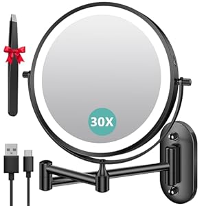 Auxmir Kosmetikspiegel mit Beleuchtung, 1X/30X Wiederaufladbar Schminkspiegel, 3200mAh Rasierspiegel Wandmontage, Dimmbar Vergrößerungsspiegel mit 3 Lichtfarben, 360° Drehbar für Badezimmer