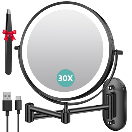 Auxmir Kosmetikspiegel mit Beleuchtung, 1X/30X Wiederaufladbar Schminkspiegel, 3200mAh Rasierspiegel Wandmontage, Dimmbar Vergrößerungsspiegel mit 3 Lichtfarben, 360° Drehbar für Badezimmer und Hotel