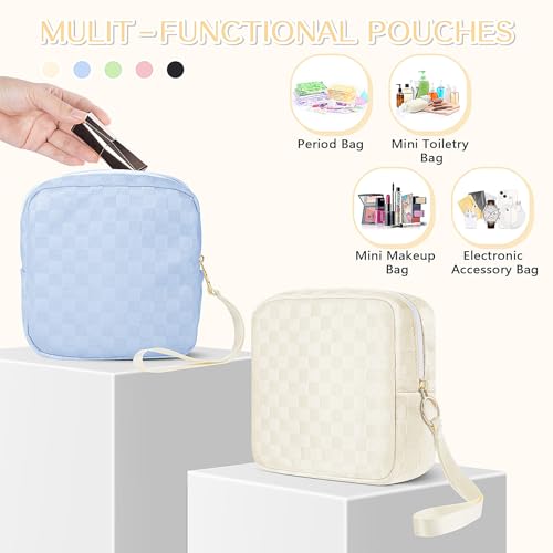 Image of Likesing Upgraded 5.3 inch Checkered Mini Makeup Bag, Beige Small Cosmetics Bag for Purse, Portable Small Makeup Pouch with Wrist Strap, Thickened Travel Mini Toiletry Bag for Womens Girls