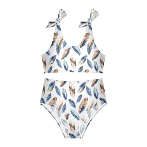 Toddler Girls Bikini Set Blue Feather Swimsuits Kid Bowknot Swimwear 2 Piece Bathing Suit 3-12T3