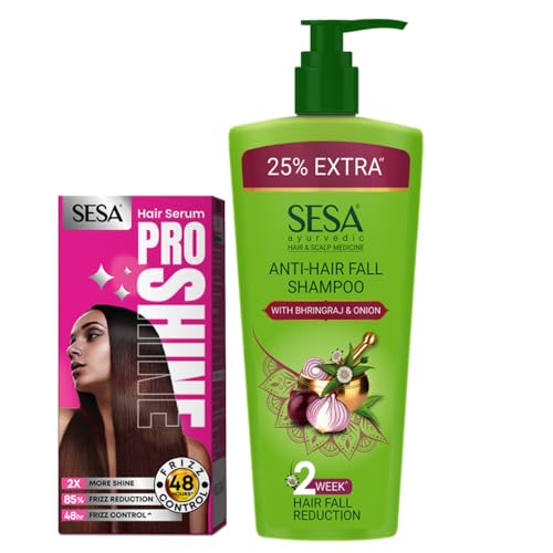 Image of SESA Ayurvedic Anti Hairfall Shampoo and Pro Shine Hair Serum Combo For Dry And Frizzy Hair Reduces Hairfall Made With 6 Ayurvedic Herbs Paraben Free Shampoo - 500ml + 100ml