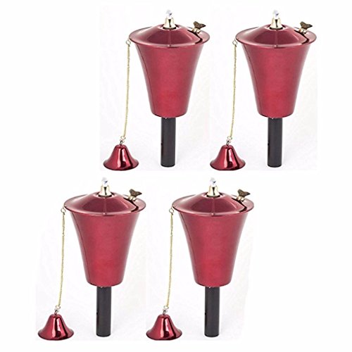 Legends Direct Set of 4, Premium Metal Mosquito Torch, 54" Tall- Tiki Style/w Snuffer, Fiberglass Wick & Large 32oz Oil Lamp for Deck, Patio, Lawn, Garden, Luau (Cranberry)