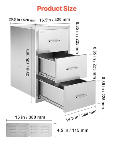 Image of VEVOR Outdoor Kitchen Drawers, 16.5 inch W x 29 inch H x 20.5 inch D Triple Access Drawers, Stainless Steel Flush Mount Cabinets, BBQ Island Storage with Paper Towel Holder & Handle, for Patio Grill Station