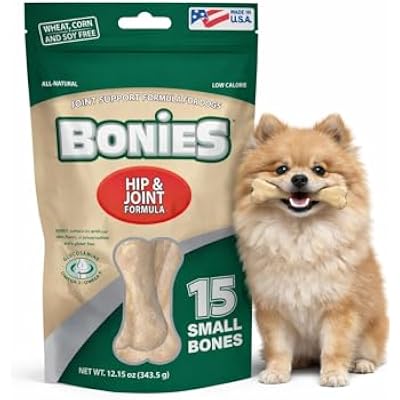 Bonies Natural Hip & Joint Formula Small-Sized Single Bone, Glucosamine & Omega Fatty Acids, Fresh Breath, Clean Teeth, Low Calories, Chicken Flavor, 15 Bones
