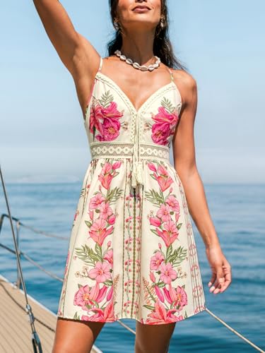 Image of CUPSHE Womens Boho Floral Summer Dress V Neck Lace Trim Spaghetti Strap Backless Smocked Back Beach Vacation Mini Dress