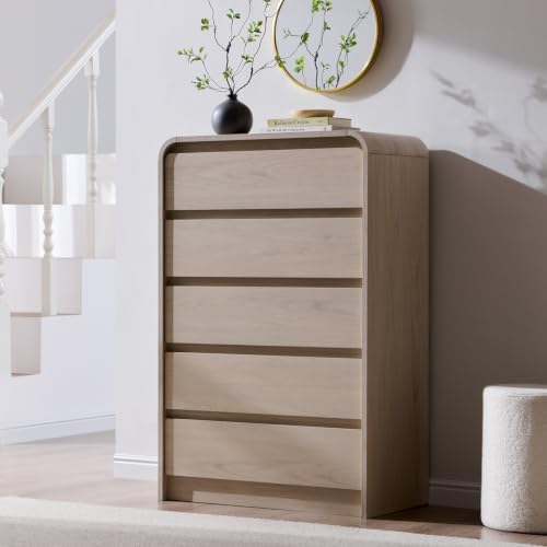 Aitjunz Modern 5 Drawers Dresser for Bedroom, 45' Tall Curved Dresser,Cream