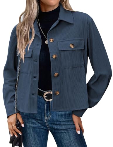 Image of HOTOUCH Ladies Jacket Corduroy Shacket Button Down Cropped Jackets Womens Light Weight Bomber Jacket Coat Tops Blue Size 10