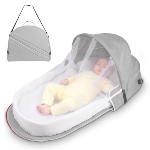 WoRaum Portable Baby Reisebett – Faltbares Stubenwagen mit Moskitohaube – Atmungsaktives Netz & Schnellaufbau in 1 Minute – Inklusive Matratze & Tragetasche – Leicht & Kompakt (Hellgrau-BYA)