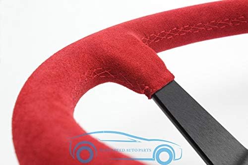 UNIVERSAL AUTOMOTIVE RACING 14"350MM SUEDE LEATHER DEEP CORN DRIFTING STEERING WHEEL BLACK+YELLOW GENUINE COARSE LEATHER NUBUCK COWHIDE CAR VEHICLE STEERING WHEEL AUTO REFIT SPARE PARTS (RED)