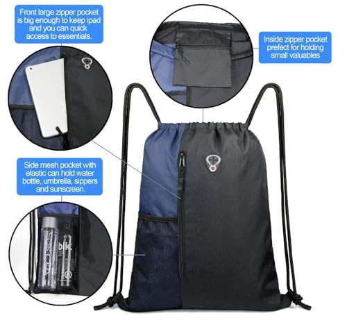 Image of ALASKA Drawstring Backpack Sports Gym Bag Large Size (18 Inch x 14 Inch) for Women & Men, Large Size With Two Zipper Pockets and Water Bottle Mesh Pocket.