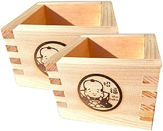 EDOYA Hinoki Wood Sake Cups (Set of 2) Japanese Box Masu with Japanese Lucky Brand (Blessing Boy)
