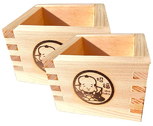 EDOYA Hinoki Wood Sake Cups (Set of 2) Japanese Box Masu with Japanese Lucky Brand (Blessing Boy)