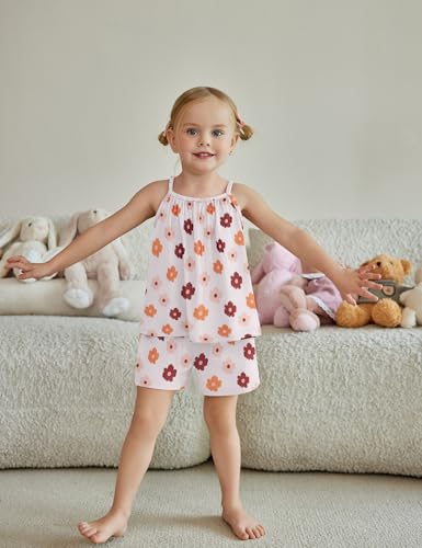 Image of Arshiner Toddler Girl Clothes 2 Piece A-Line Spaghetti Strap Top and Short Sets Cute Summer Outfits Pink Orange Flower 4-5T