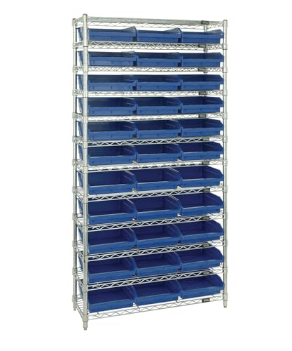 Quantum Storage Systems - Shelf Bin Wire Shelving - Starter Unit - - L x W x H - 33 QSB110 Bins 18' x 36' x 74' - 12 Shelves - 1 - Stainless Steel Finish - Part Number:WR12-110BL