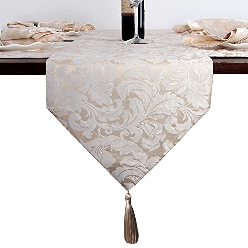 Ehousehome Jacquard Damask Reversible Beige Table Runners With Tassels 13 X 72 Inch Wrinkle And Water Resistant Spill-Proof Decorative Dining And Wedding Runners thumb #1