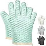 swihorab 2Pack Heat Resistant Oven Mitts for Grilling and Baking, Non-Slip Silicone Gloves, Waterproof Kitchen Mitts with Flexible Fit & Easy to Clean Design, Green