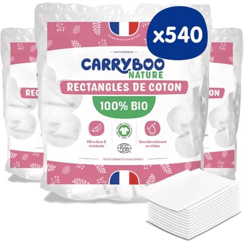CARRYBOO - 540 Coton Pads Bébé 100% Bio - Ultra Doux pour Peaux Sensibles - Hypoallergénique - Change & Toilette - Fabriqués en France