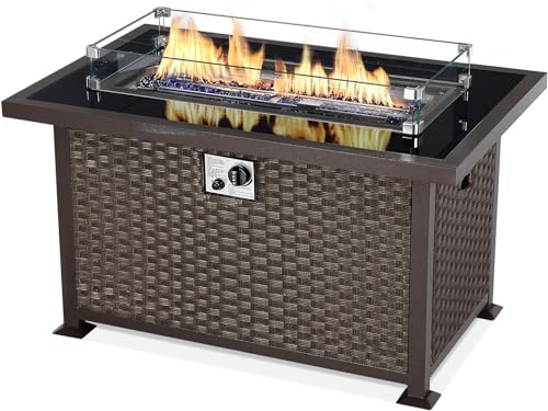 U-MAX 44in Outdoor Propane Gas Fire Pit Table, 50,000 BTU Auto-Ignition Gas Firepit with Glass Wind Guard, Black Tempered Glass Tabletop & Blue Glass Rock, Brown PE Rattan, CSA Certification