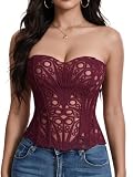 Bistonny Corset Tops for Women Lace Up Overbust Bustier Sexy Floral Lace Waist Cincher Going Out Club Party Y2K Tops Burgundy Medium