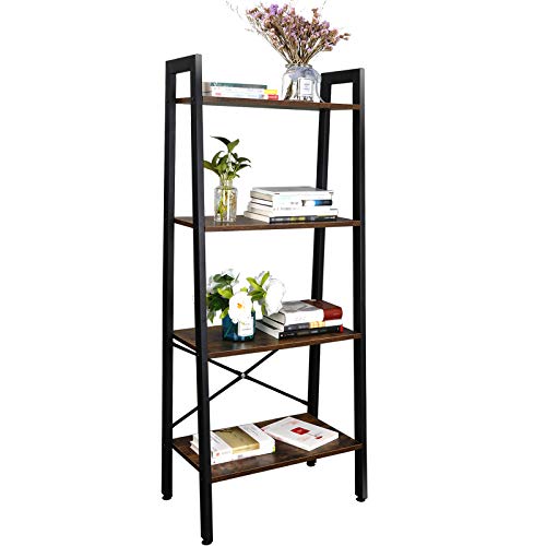 super deal books - SUPER DEAL Ladder Shelf 4-Tier Bookcase Plant Book Display Furniture Storage Rack Shelf for Lounge Room Home Office Bathroom (Rustic Brown)