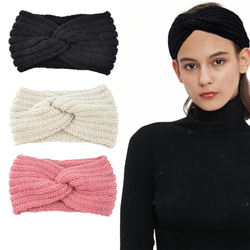 3 Piezas Diadema Mujer Invierno, Diademas Invierno Punto, Diadema Cabeza Anchas Cabello Turbante Banda,Mujer Anchas Cabello Yoga Accesorios pelo Mujer Niña