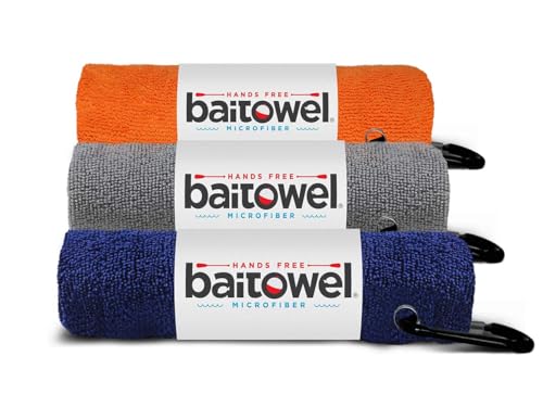 Bait Towel 3 Pack Fishing Towels with Clip, Plush Microfiber nap Fabric, 16x16, The Original Bait Towel Value 3 Pack (Orange-Silver-NAY)