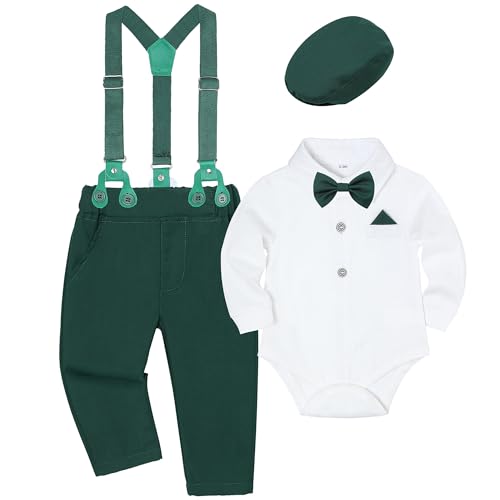 Image of SALNIER Baby Boy Suit Set Infant Formal Outfit Tuxedo | Soft Cotton Shirt Suspenders Pants Bow Tie Beret Hat 5pcs Set, For Wedding Baptism Birthday Party