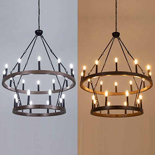 Wellmet Two Tiered Wagon Wheel Chandelier, Large Farmhouse Round Pendant Light Fixture Industrial Chandelier Lighting, H43.3 X D38 With Adjustable Chain #TOP4