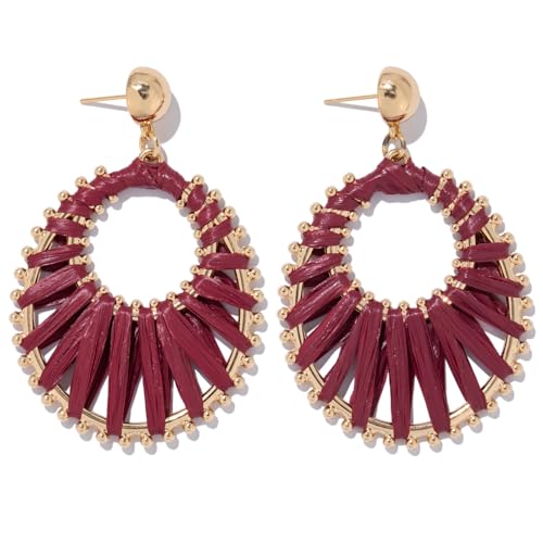Burgundy Gold Raffia Dangle Drop Earrings Boho Statement Summer Jewelry by Becklynn - Used condition - US$10.88