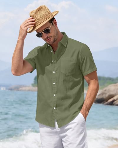 Image of J.VER Mens Linen Shirt Short Sleeve Button Down Casual Summer Shirts | Cotton Linen, Untucked, Big Tall, from Beach Camp Vacation, Cruise Fishing, Work Office, to Wedding Party Family, with Pocket