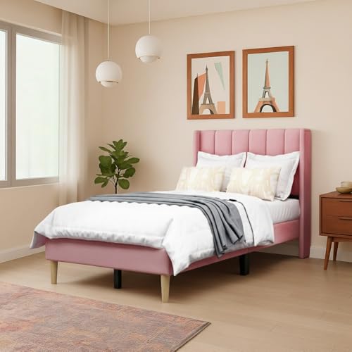 Image of Modern Upholstered Single Size Bed Without Storage | Single Size Bed for Bedroom with Headboard | Palang Furniture for Guest Room, Hotels and Home | Pink, (Pink)