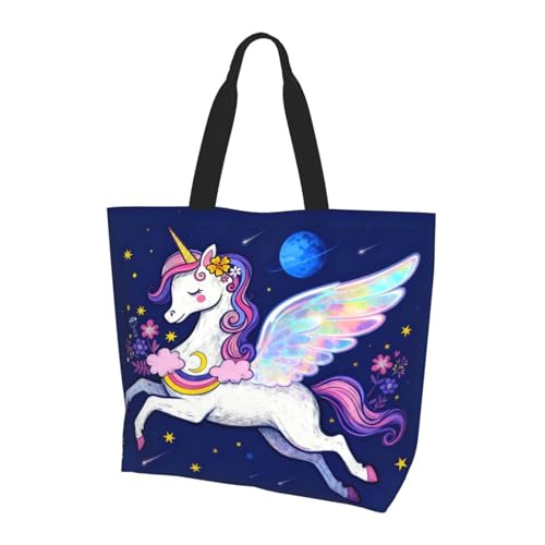 OLUSENMO Starry Winged Unicorn Tote Bag Large Durable Handbag Lightweight & Stylish,Perfect for Beach/Travel/Work-19.7x15.7x5.9 Inch