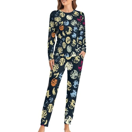 Pyjama femme ensemble avec t-shirt manches longues et pantalon à imprimé art abstrait
