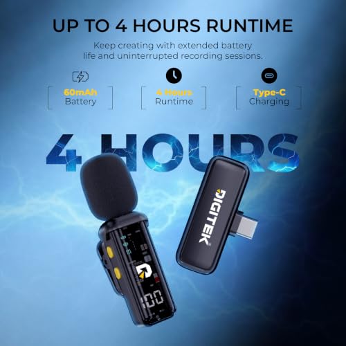 Image of Digitek DWM-011 Wireless Microphone System for iPhone 15 Series & USB-C Android Devices, 2.4GHz Plug & Play Lavalier Mic, Noise Reduction, Echo Mode, 20m Range, 4H Battery Life, Type-C Receiver